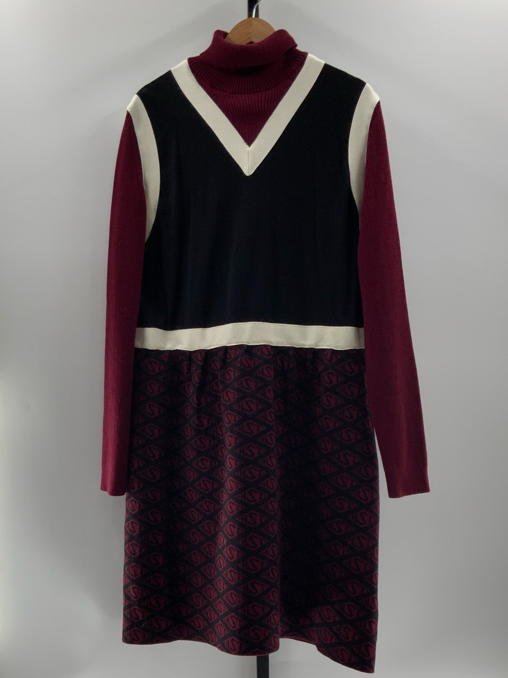 Tommy Hilfiger Burgundy, Black & Cream Knit Long-Sleeve Dress